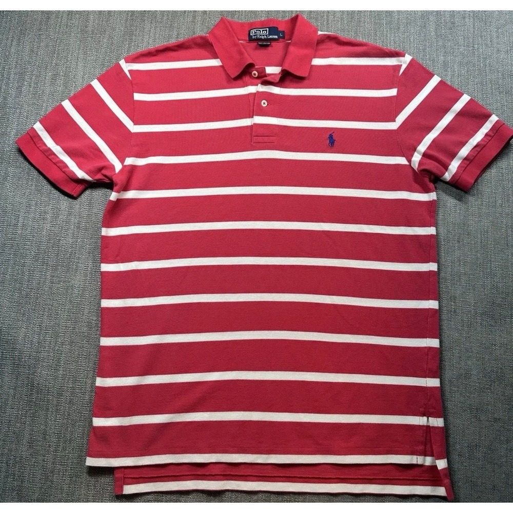 Polo Ralph Lauren Polo Shirt Mens L Red White Striped Short Sleeve Pique
